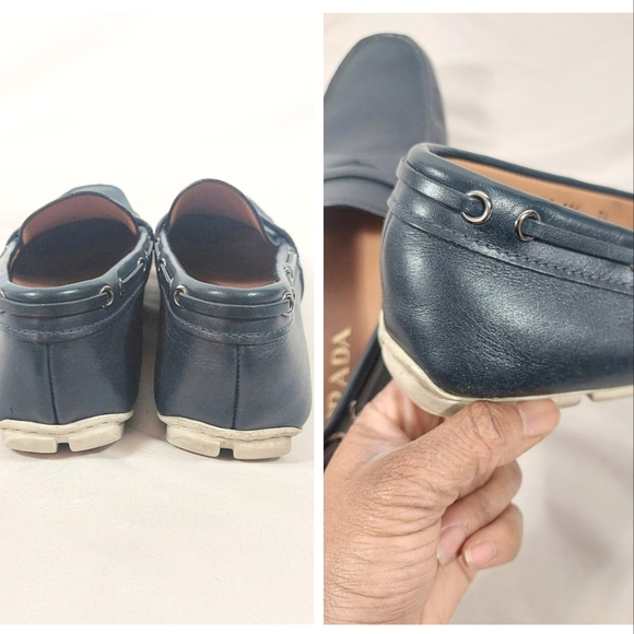 Prada Men's Navy/White Stripe Detail Penny Loafer Moccasin Shoes - Picture 5 of 13